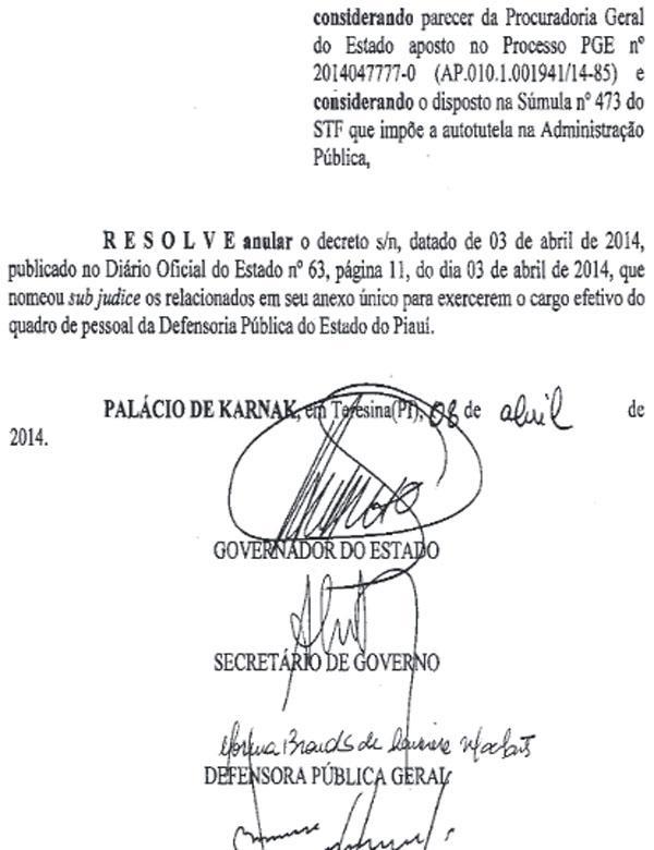 Decreto do governador Zé Filho anulando decreto de Wilson.(Imagem:Reprodução)