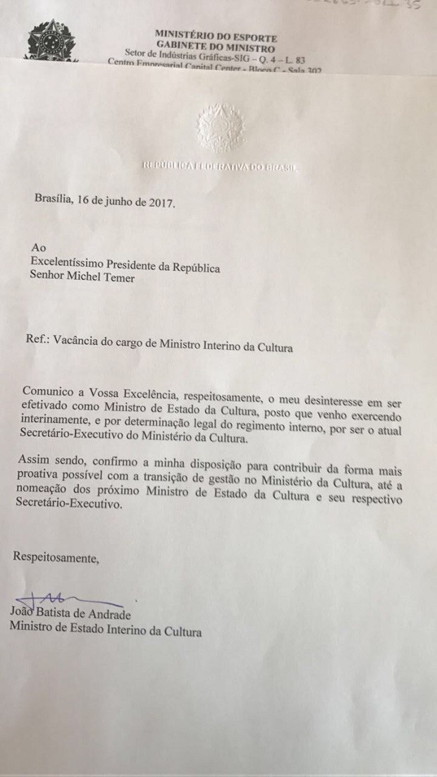 Ministro de Temer pede demissão através de carta