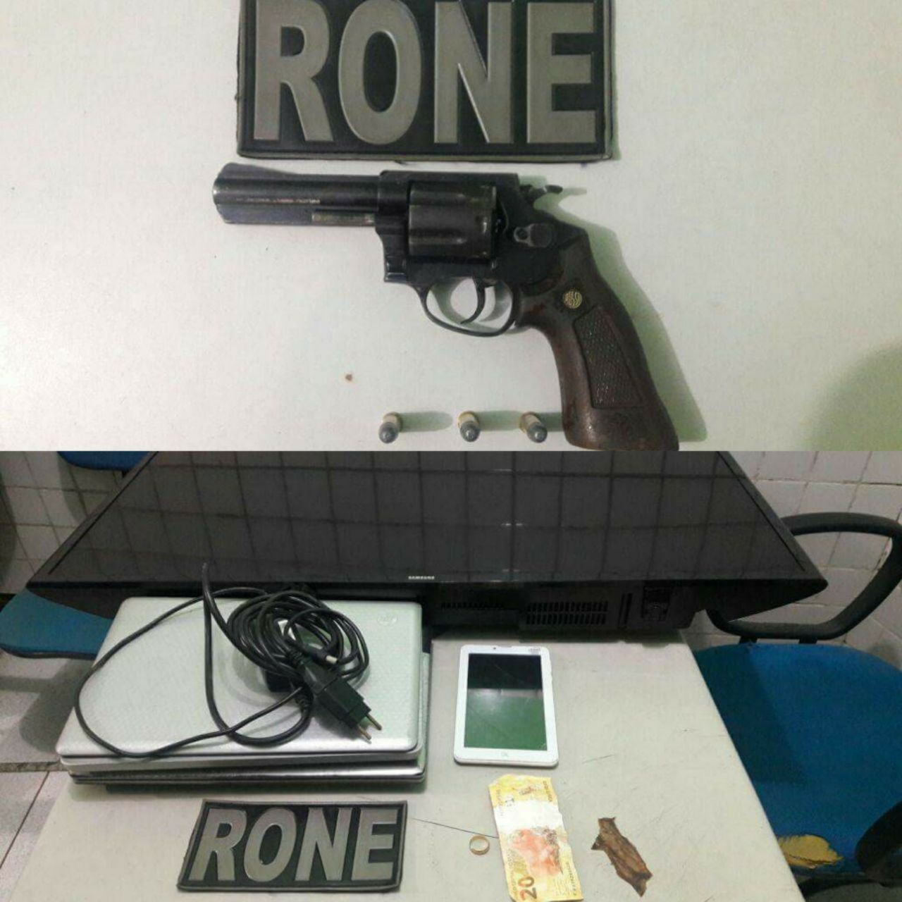Arma utilizada para praticar o crime e objetos apreendidos.
