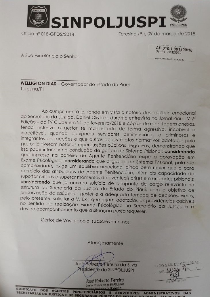Documento enviado por José Roberto ao gabinete do governador do Piauí.