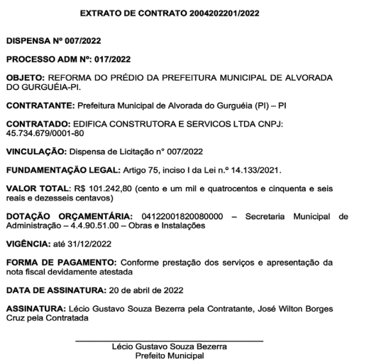 Contrato firmado pelo prefeito de Alvorada do Gurguéia, Lécio Gustavo.