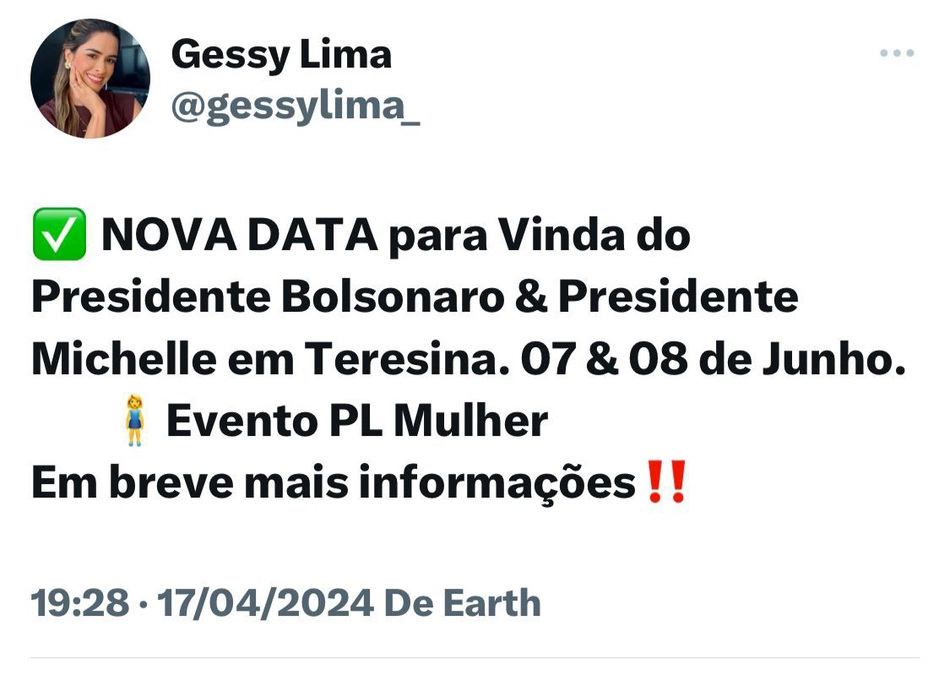 Gessy Lima anuncia nova data para a vinda de Jair Bolsonaro ao Piauí