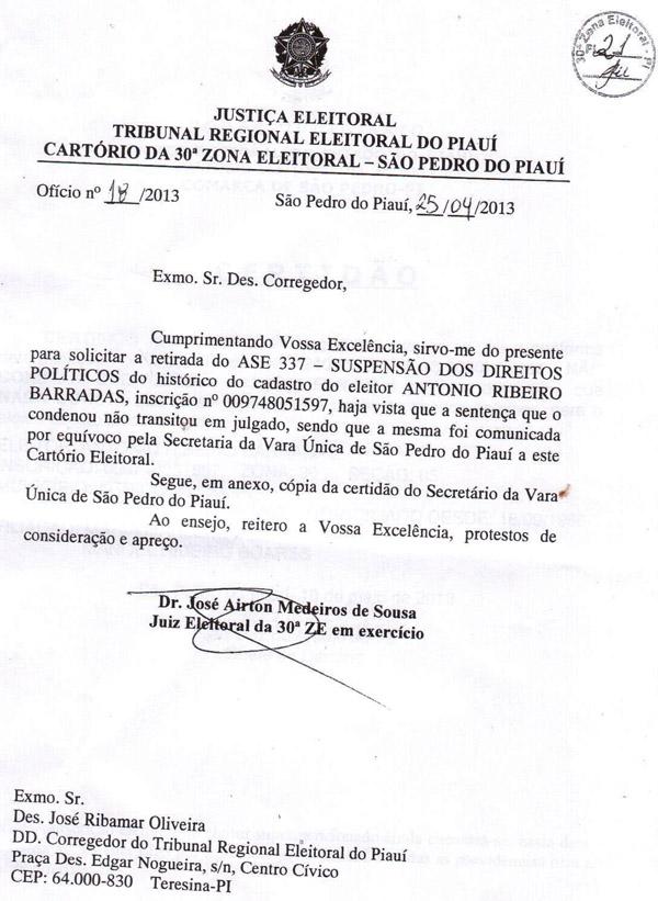  O oficio foi enviado para o Des. José Ribamar Oliveira, Corregedor do Tribunal Regional Eleitoral na capital Teresina.(Imagem:Reprodução)