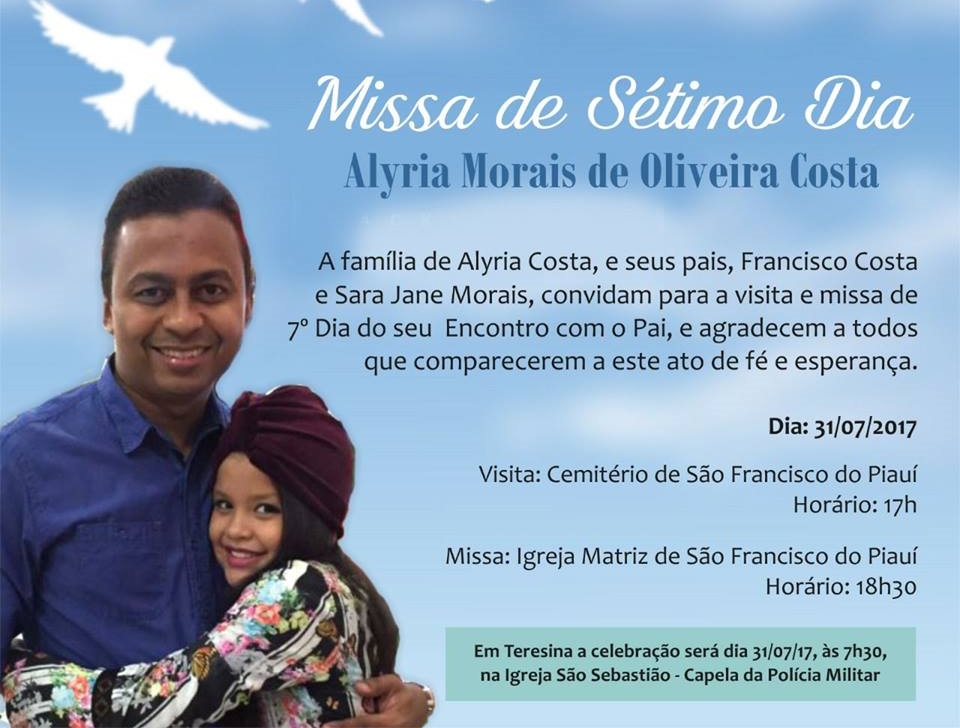 Convite para a missa de 7º dia de Alyria Moraes Costa