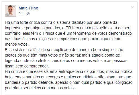 Publicação do deputado Maia Filho em uma rede social.