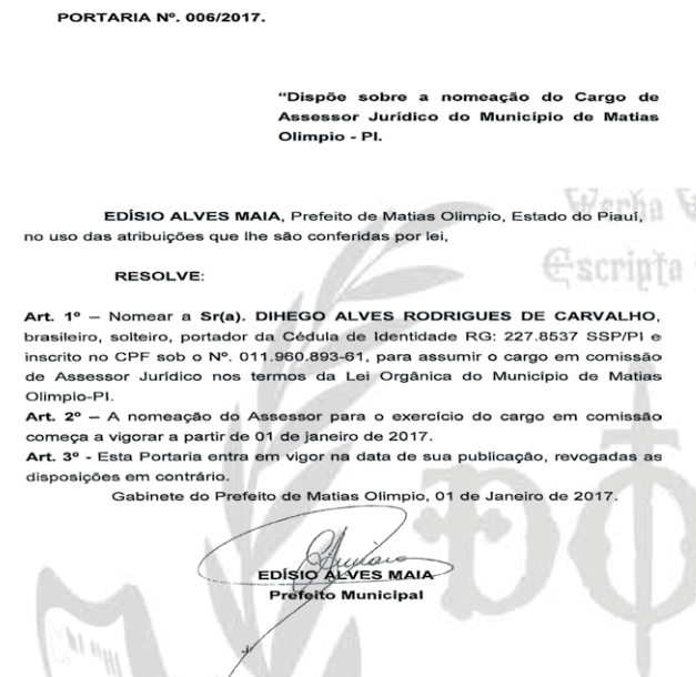 Diário Oficial dos Municípios mostra a nomeação de Dihego Alves Rodrigo de Carvalho.