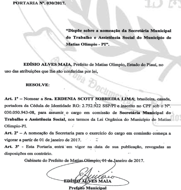 Diário Oficial dos Municípios mostra a nomeação de Erdenia Scott Sobreira Lima.