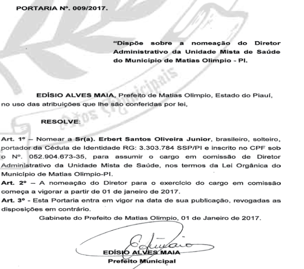Diário Oficial dos Municípios mostra a nomeação de Herbert Santos Oliveira Júnior.