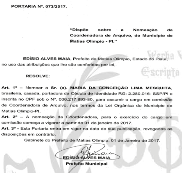 Diário Oficial dos Municípios mostra a nomeação de Maria da Conceição Lima Mesquita.
