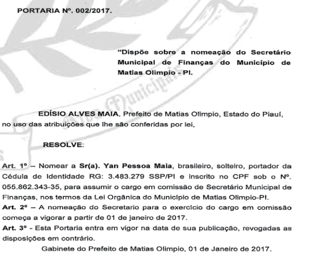Diário Oficial dos Municípios mostra a nomeação de Yan Pessoa Maia.