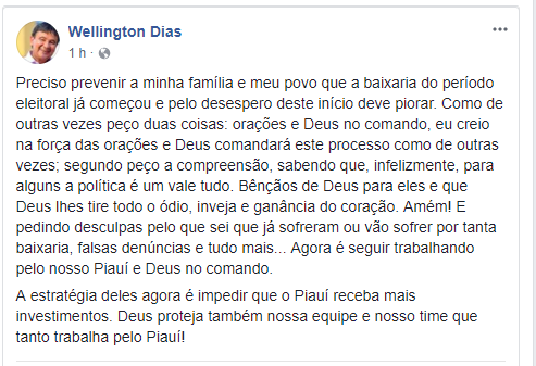 Wellington Dias faz críticas em post na internet.