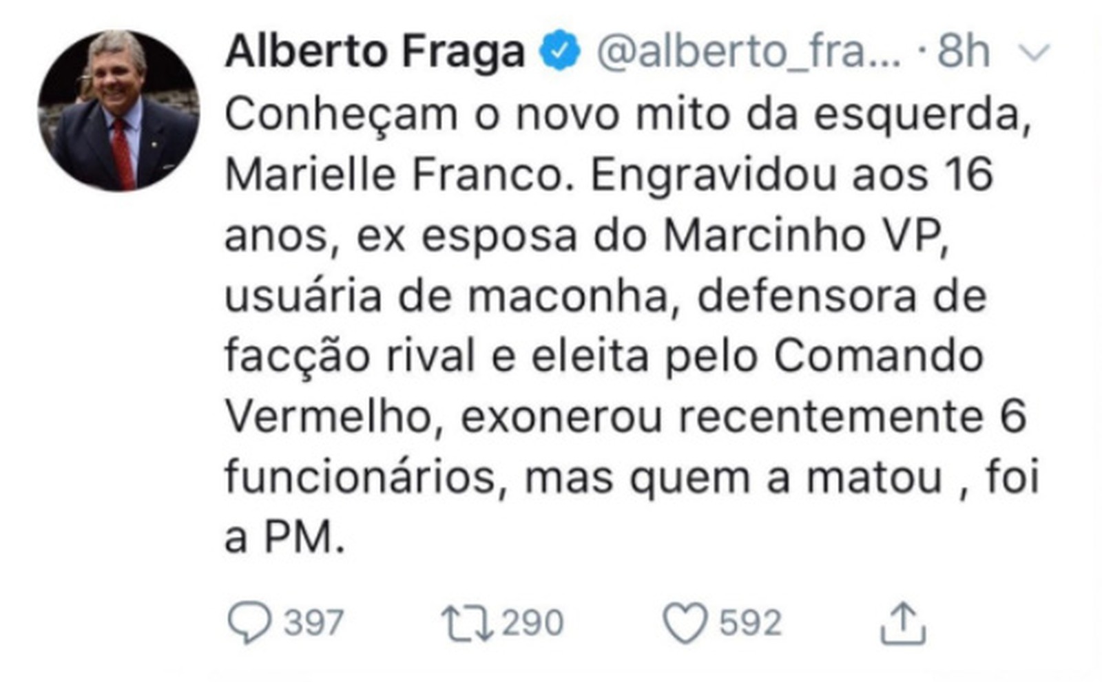 Post do deputado Alberto Fraga sobre a vereador Marielle