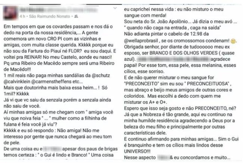 Publicação da dentista com comentários racistas