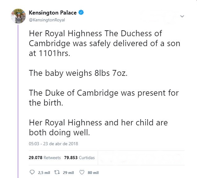 Publicação feita pelo Palácio de Kensington no Twitter.