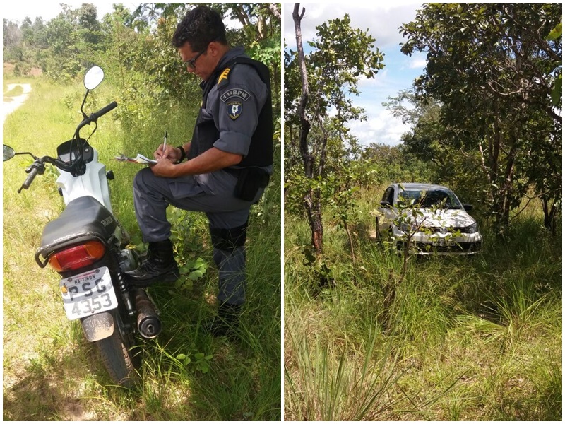 A moto e carro foram encontrados na zona rural da cidade, próximo ao bar do Olano.