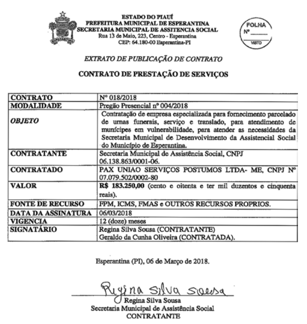 O contrato está disponível no Diário Oficial dos Municípios.