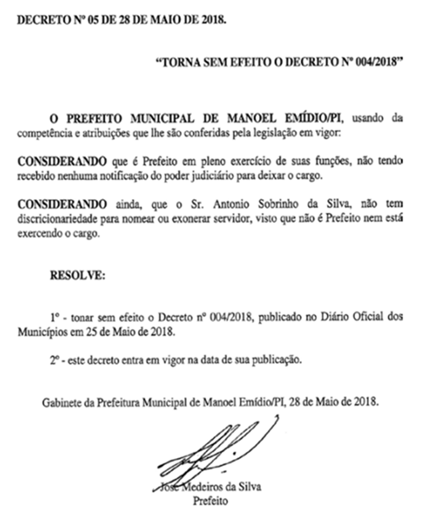 Novo decreto assinado por Zé Medeiros contraria medida de Antônio Sobrinho.