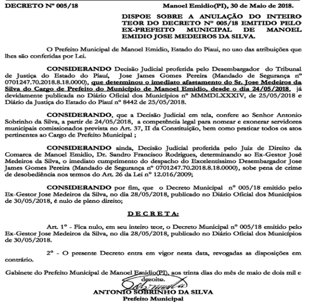 Segundo decreto do prefeito Antônio Sobrinho.