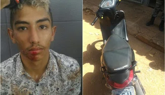 Adolescente Vitor Manoel e motocicleta recuperada pela polícia