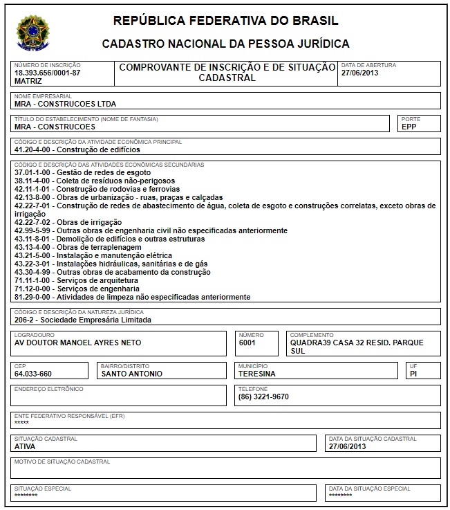 CNPJ da construtora MRA Construções.