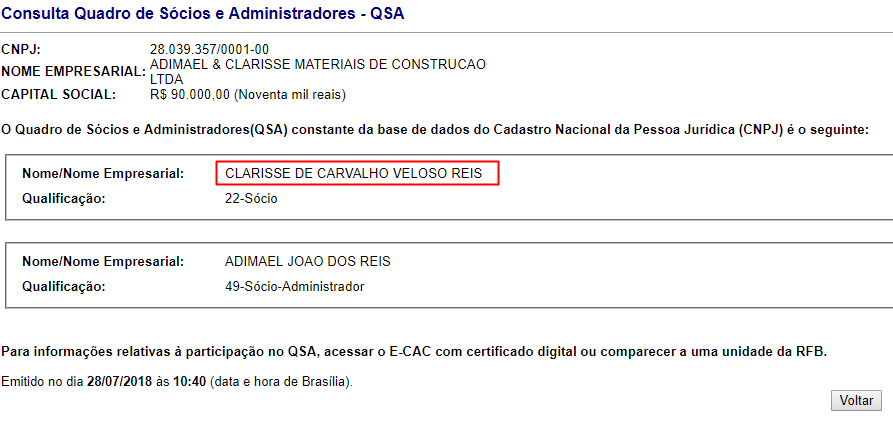 Site da Receita Federal mostra que Clarisse é empresária de Massapê do Piauí.