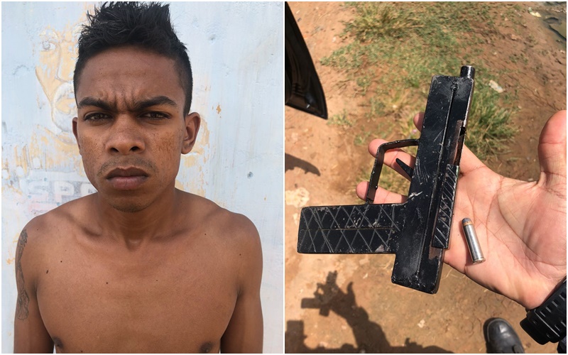 Sandro Wesley da Silva Rodrigues e arma apreendida pela polícia.