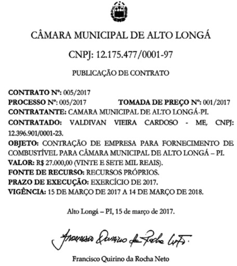 Contrato do empresário Valdivan Vieira Cardoso com a Câmara.