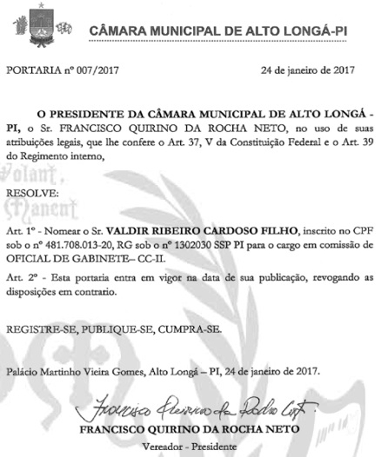Portaria de nomeação do empresário Valdir Ribeiro Cardoso Filho.