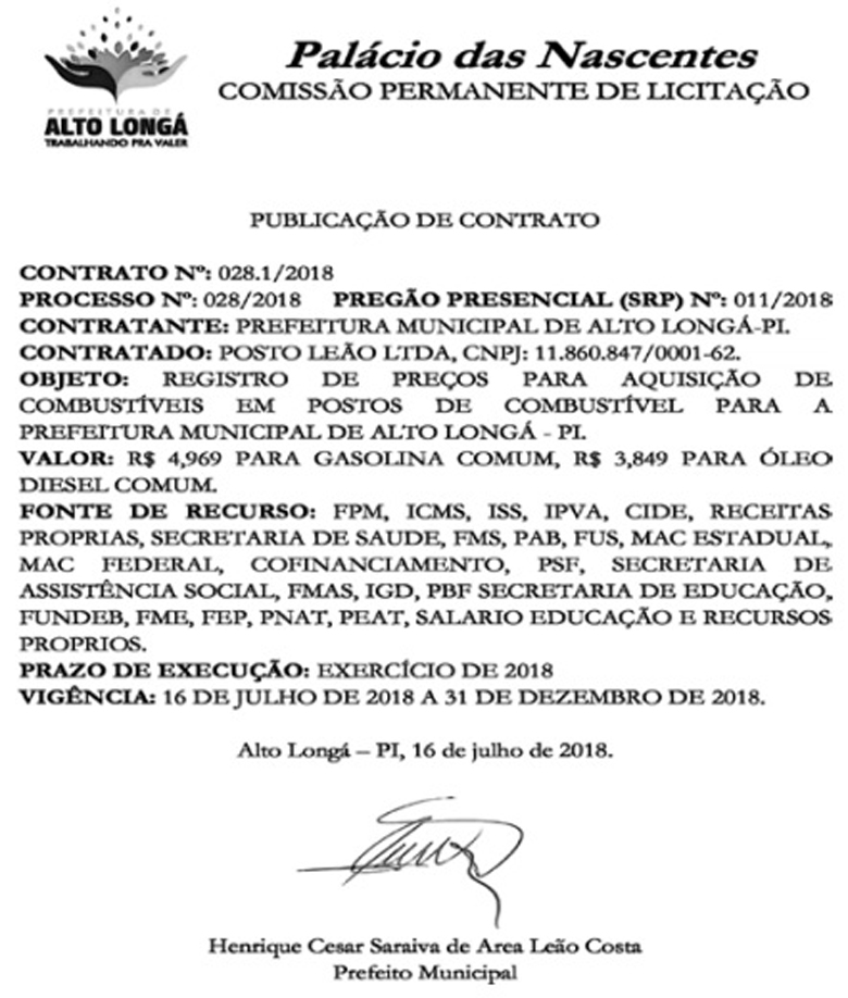 Contrato da prefeitura com Posto Leão.