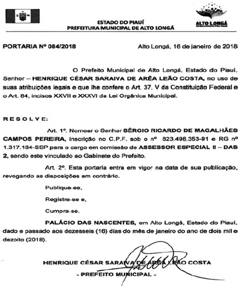 Portaria com nomeação de Sérgio Ricardo.
