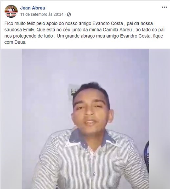 Evandro Costa faz vídeo para apoiar Jean Abreu.