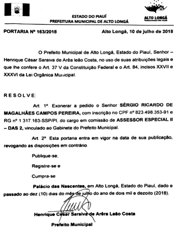 Portaria de exoneração de Sérgio Ricardo de Magalhães Campos Pereira.