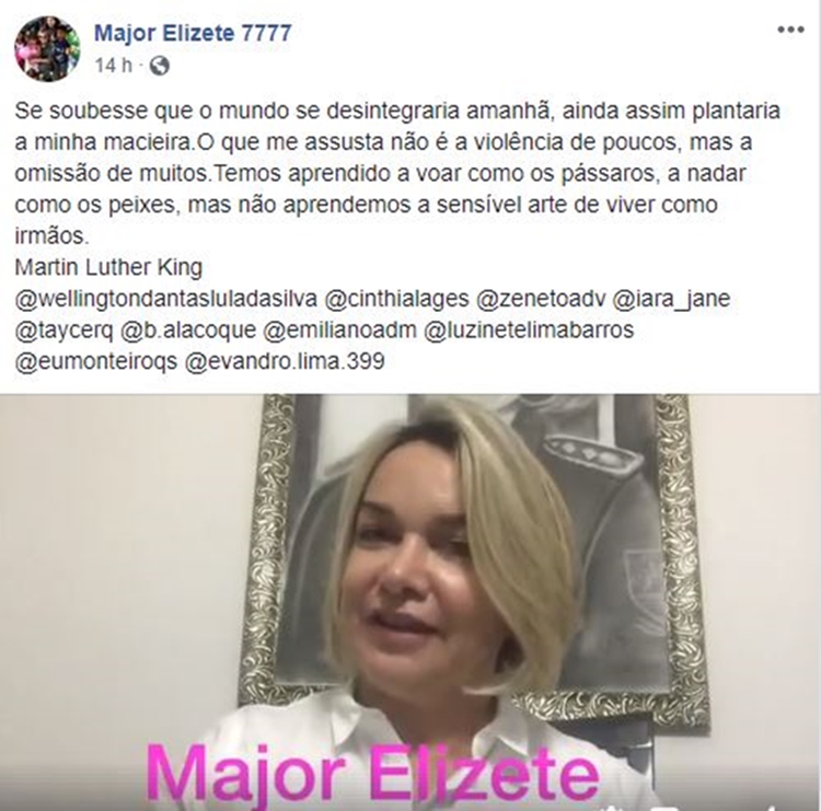 Major Elizete divulgou vídeo nas suas redes sociais apoiando Haddad.