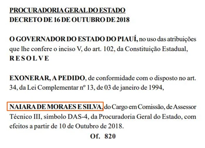 Naiara de Moraes é exonerada da função de assessoria técnica da PGE.