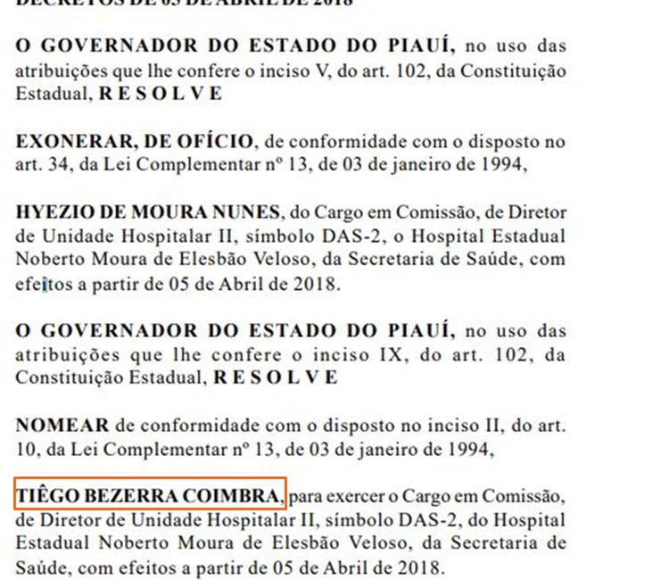 Tiego Coimbra é nomeado ao cargo de diretor do hospital.
