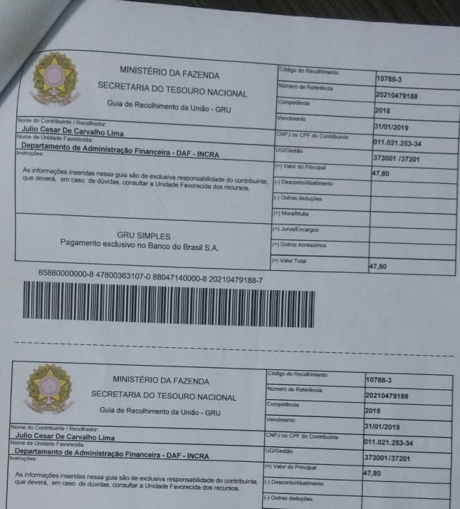 Boleto em nome do deputado Júlio César