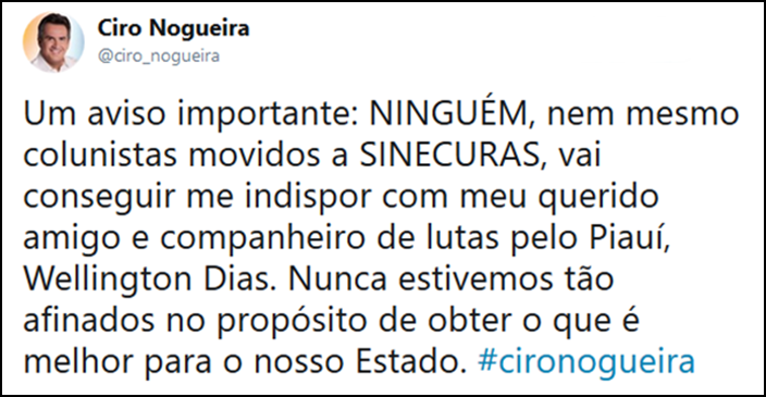 Postagem feita por Ciro Nogueira no Twitter.