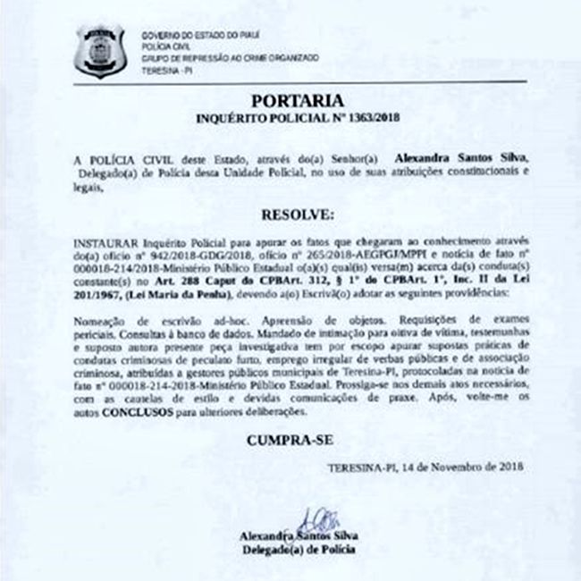 Inquérito da Polícia Civil contra o prefeito Firmino FIho.