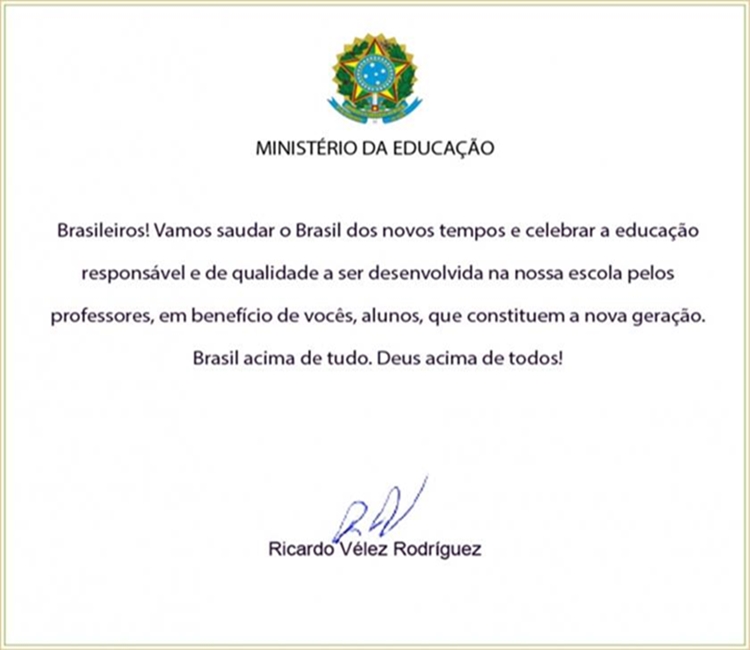 Carta enviada pelo ministro Ricardo Vélez às escolas.