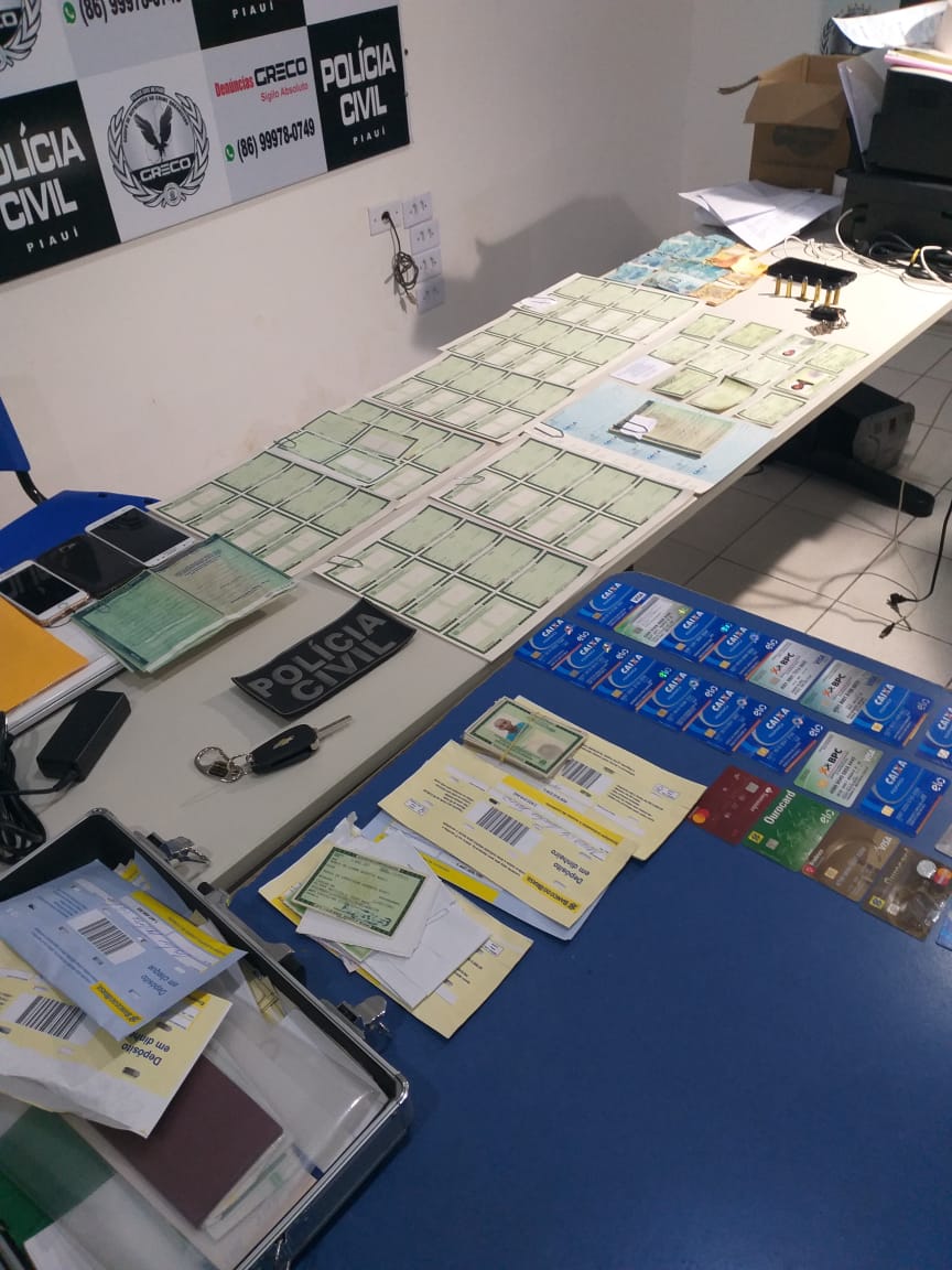 Polícia encontrou dezenas de cédulas em branco para emissão de licenciamentos.