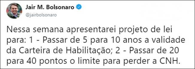 Postagem feita pelo presidente Jair Bolsonaro na noite de ontem em seu perfil no Twitter.