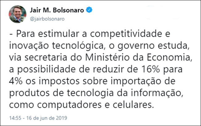 Postagem feita por Jair Bolsonaro em seu perfil no Twitter.