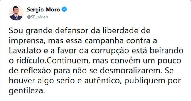 Publicação feita pelo ministro Sérgio Moro na manhã desta terça-feira (16).