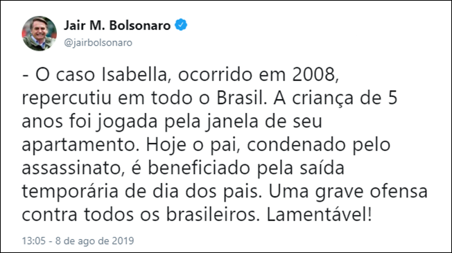 Bolsonaro criticou a saída de Alexandre Nardoni em postagem no Twitter.
