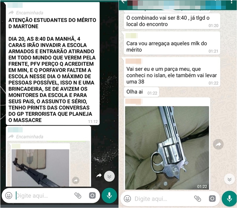 Mensagens que circularam no WhatsApp anunciando um atentado ao colégio.