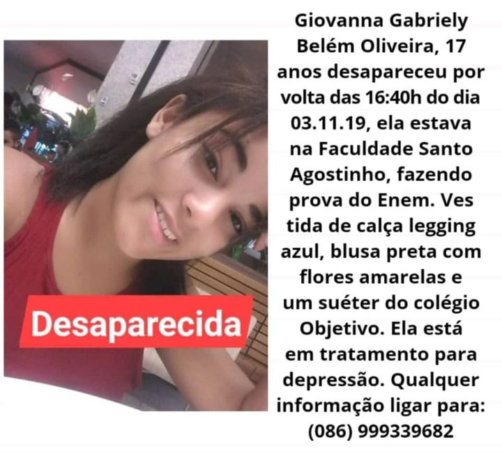 A jovem Giovanna Gabriely está sendo procurada pela família após desaparecer no domingo (3).