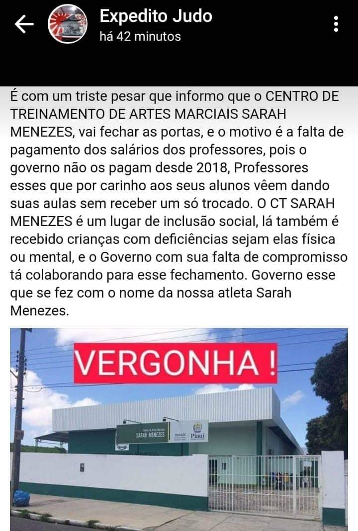 Denúncia relata fechamento do Centro de Artes Marciais Sarah Menezes.