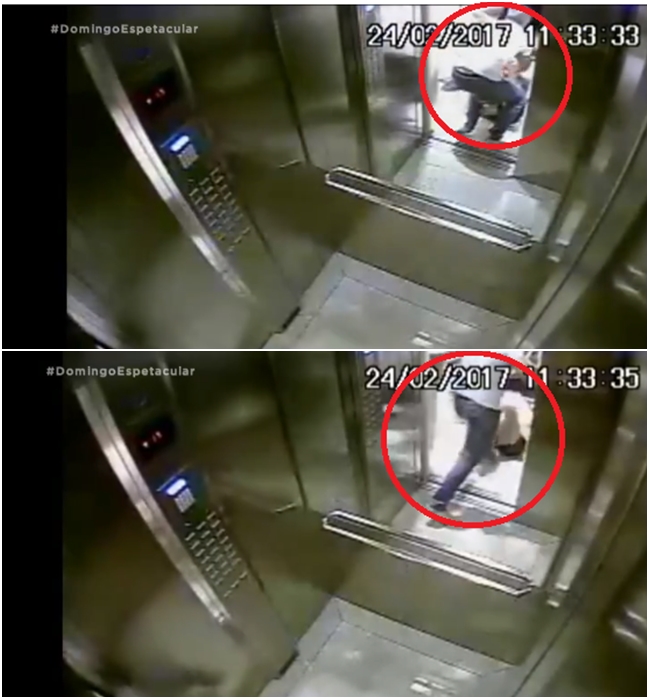 Victor arranca a mulher do elevador e a derruba no chão, em seguida acerta ela com o pé.