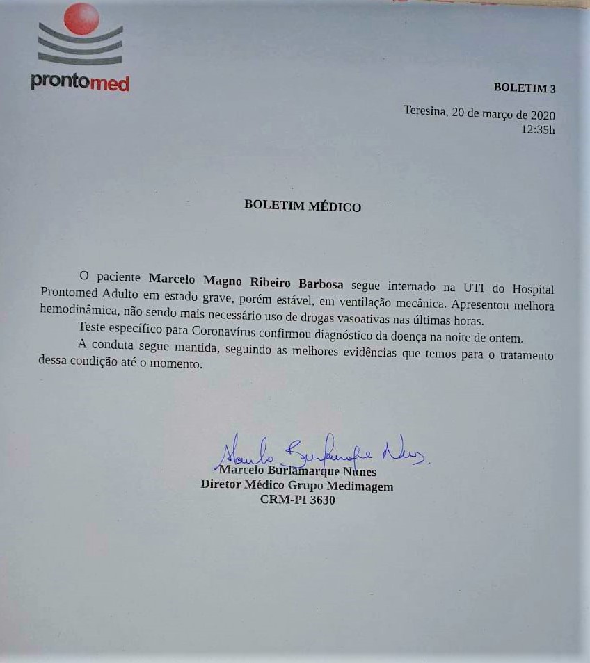 Marcelo Magno apresenta melhora, diz novo boletim médico