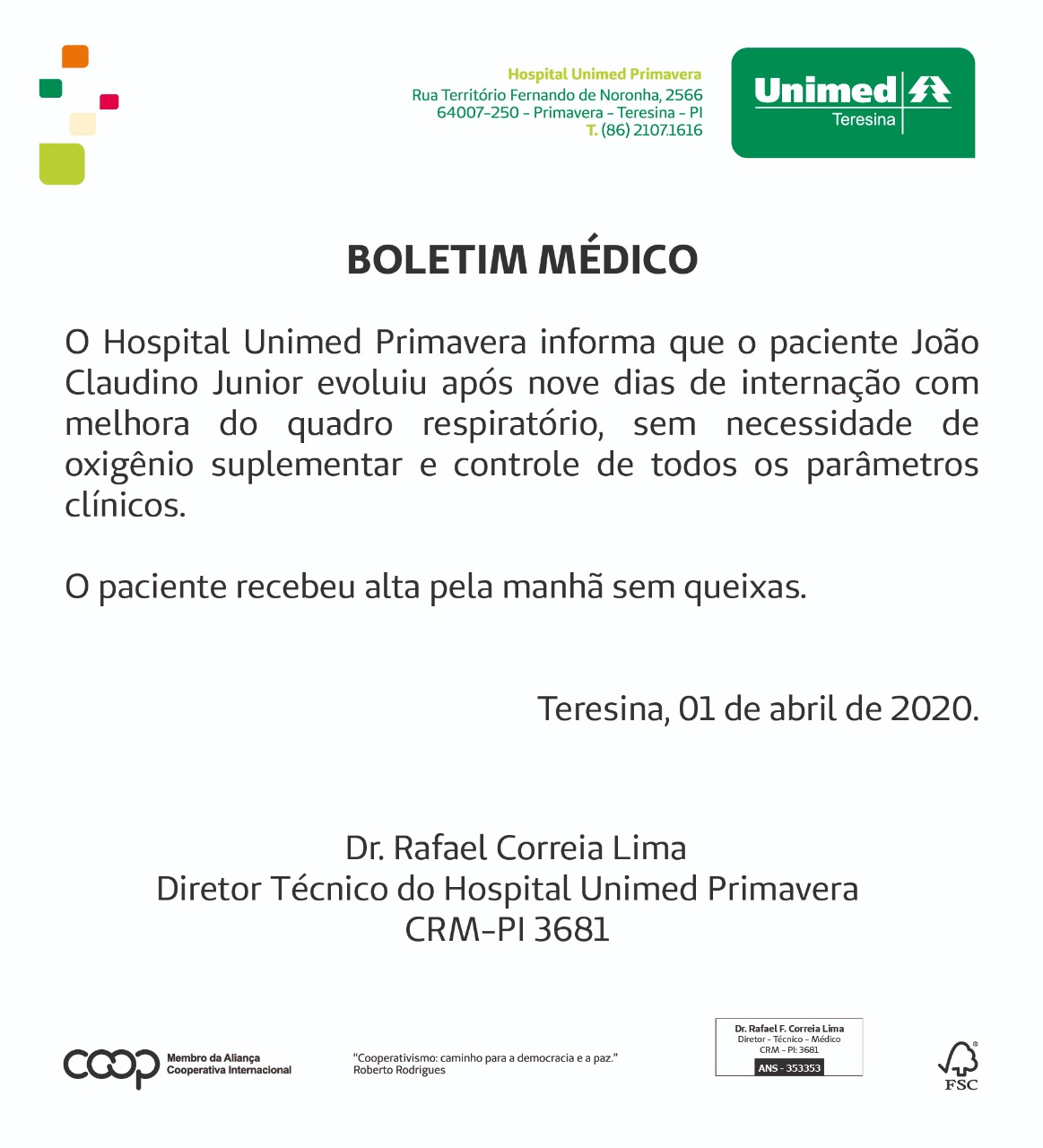 João Claudino Júnior recebe alta e testa negativo para Covid-19